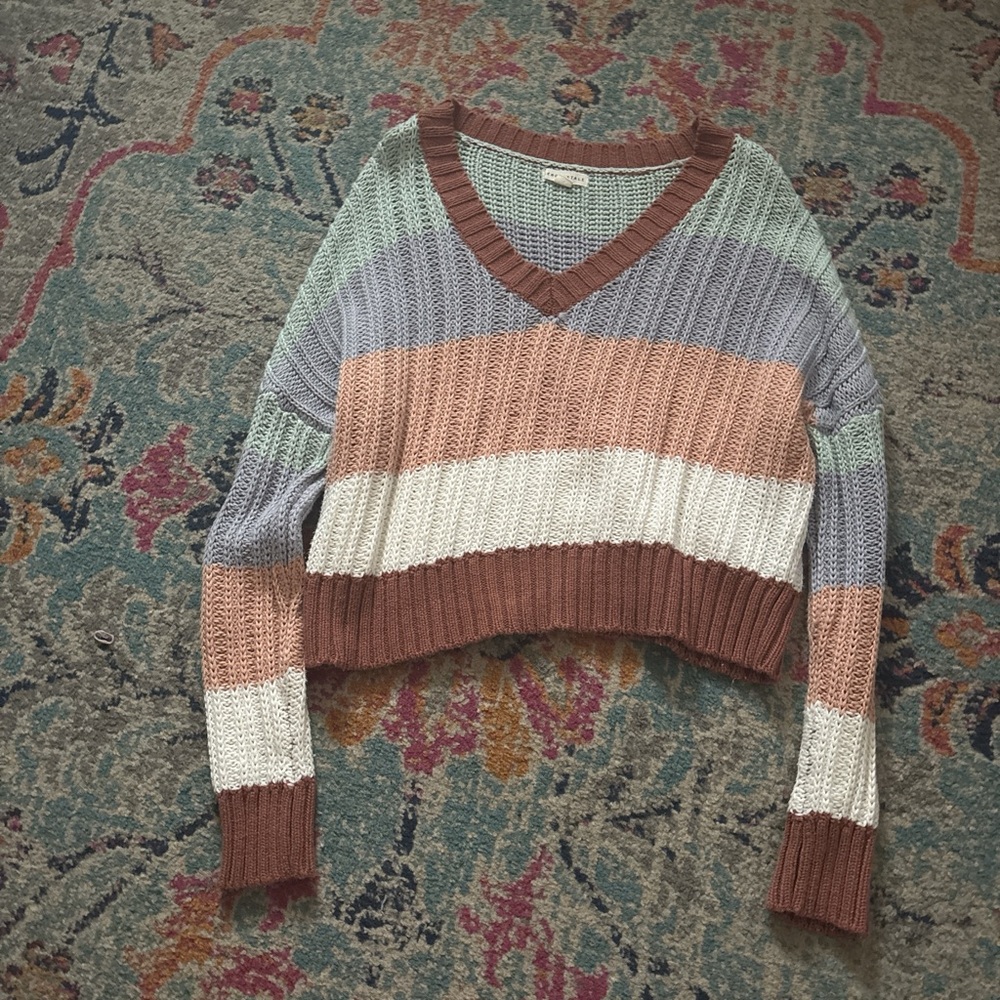 Aeropostale Striped Multicolor V-Neck Sweater